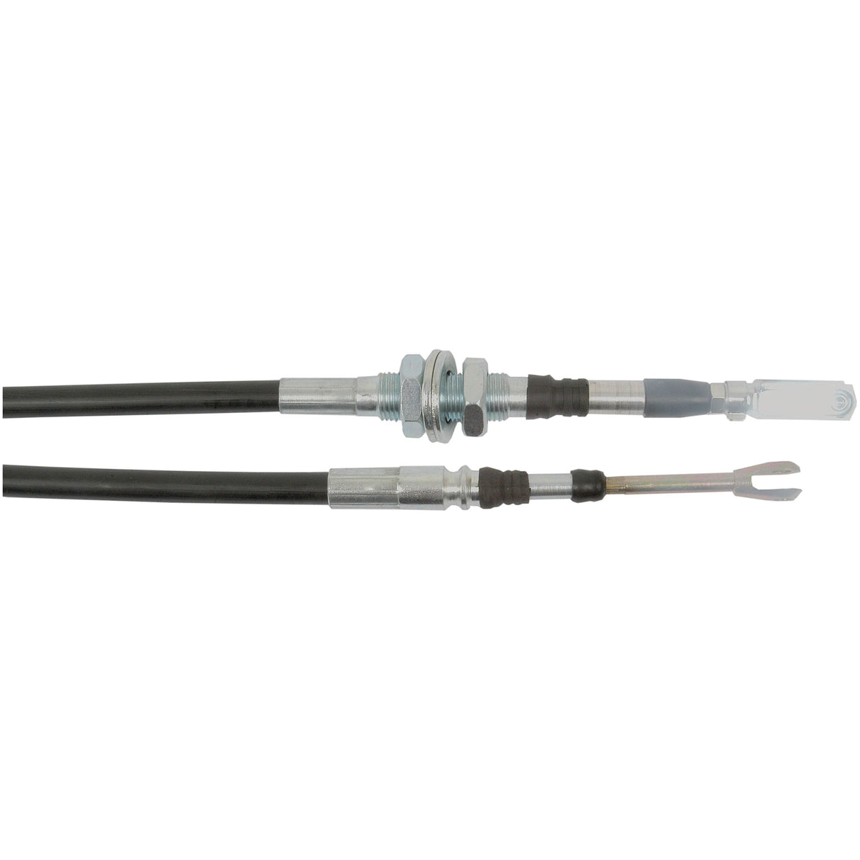 Two black control cables from Sparex, each featuring metal fittings and adjustment nuts. One cable is the Sparex Remote Control Cable with Clevis End for Joystick 1.5M (Sparex Part No.S.101729), ending in a clevis connector, while the other terminates in a loop connector. Ideal for use as Sparex Remote Control Cables or for integration into joystick systems.