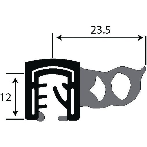 Technical drawing of a cross-section of the Draught Excluder - 5m by Sparex, Sparex Part No. S.101980, showing dimensions of 23.5 mm in width and 12 mm in height, with universal thicknesses around 5-6mm.