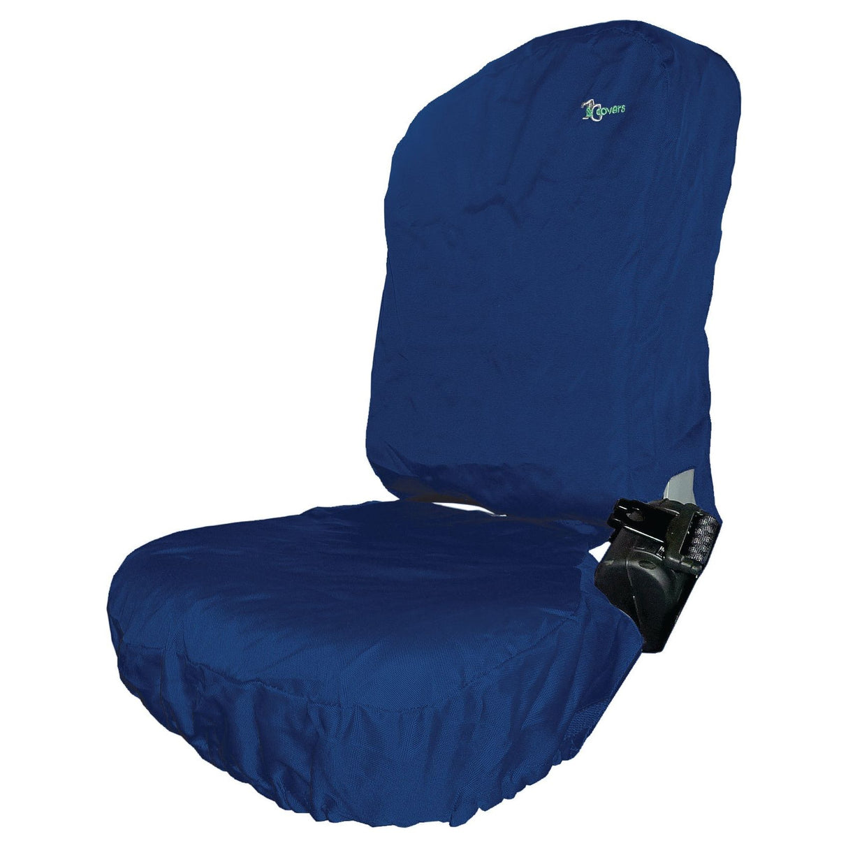 The Sparex Passenger Seat Cover - Tractor & Plant, featuring a dark blue fabric and an attached seat belt lock mechanism, is displayed. The cover, designed for universal fit under Part No.S.102089, is shown fitted to a generic passenger seat.