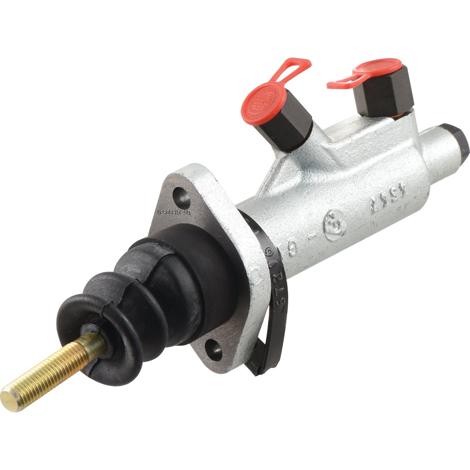 A Sparex Brake Master Cylinder (Sparex Part No. S.102641) includes silver hydraulic components with attached black rubber parts and a brass threaded rod, featuring red-capped valves on the top.