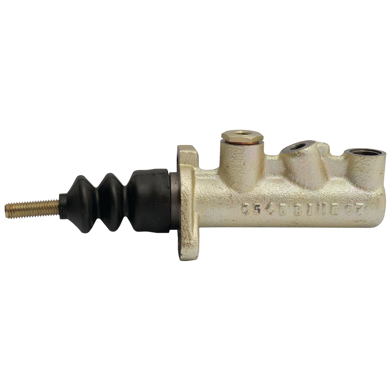 The Brake Master Cylinder | Sparex Part No.S.102650 by Sparex is a metallic hydraulic brake master cylinder featuring three ports and a black rubber boot, available with an optional seal/repair kit.