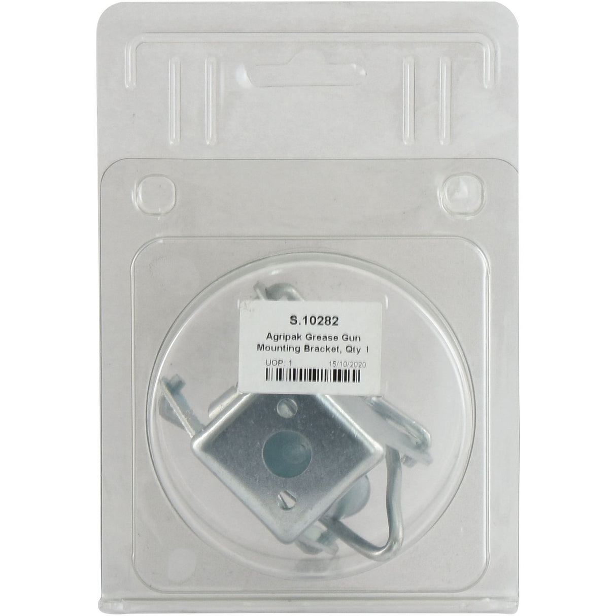 Sealed packaging of the Agripak Grease Gun Mounting Bracket, Sparex Part No. S.10282. The grease gun holder is visible through the transparent plastic cover and is compatible with a 400g Grease Gun.
