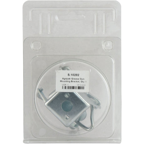 Sealed packaging of the Agripak Grease Gun Mounting Bracket, Sparex Part No. S.10282. The grease gun holder is visible through the transparent plastic cover and is compatible with a 400g Grease Gun.