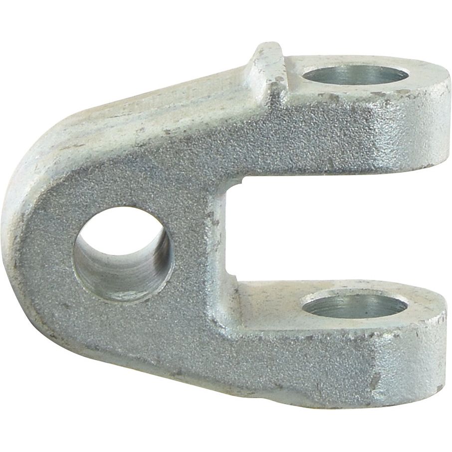 The Top Link Knuckle End - Cat. 2 by Sparex (Part No. S.10287) is a metallic U-shaped bracket featuring three fixing holes—one on each end of the U and one on the side. This versatile piece is fully compatible with Sparex components and comes with an OEM part number for seamless identification.