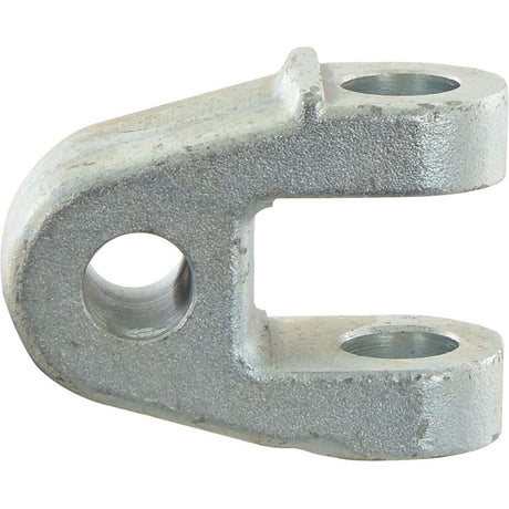 The Top Link Knuckle End - Cat. 2 by Sparex (Part No. S.10287) is a metallic U-shaped bracket featuring three fixing holes—one on each end of the U and one on the side. This versatile piece is fully compatible with Sparex components and comes with an OEM part number for seamless identification.