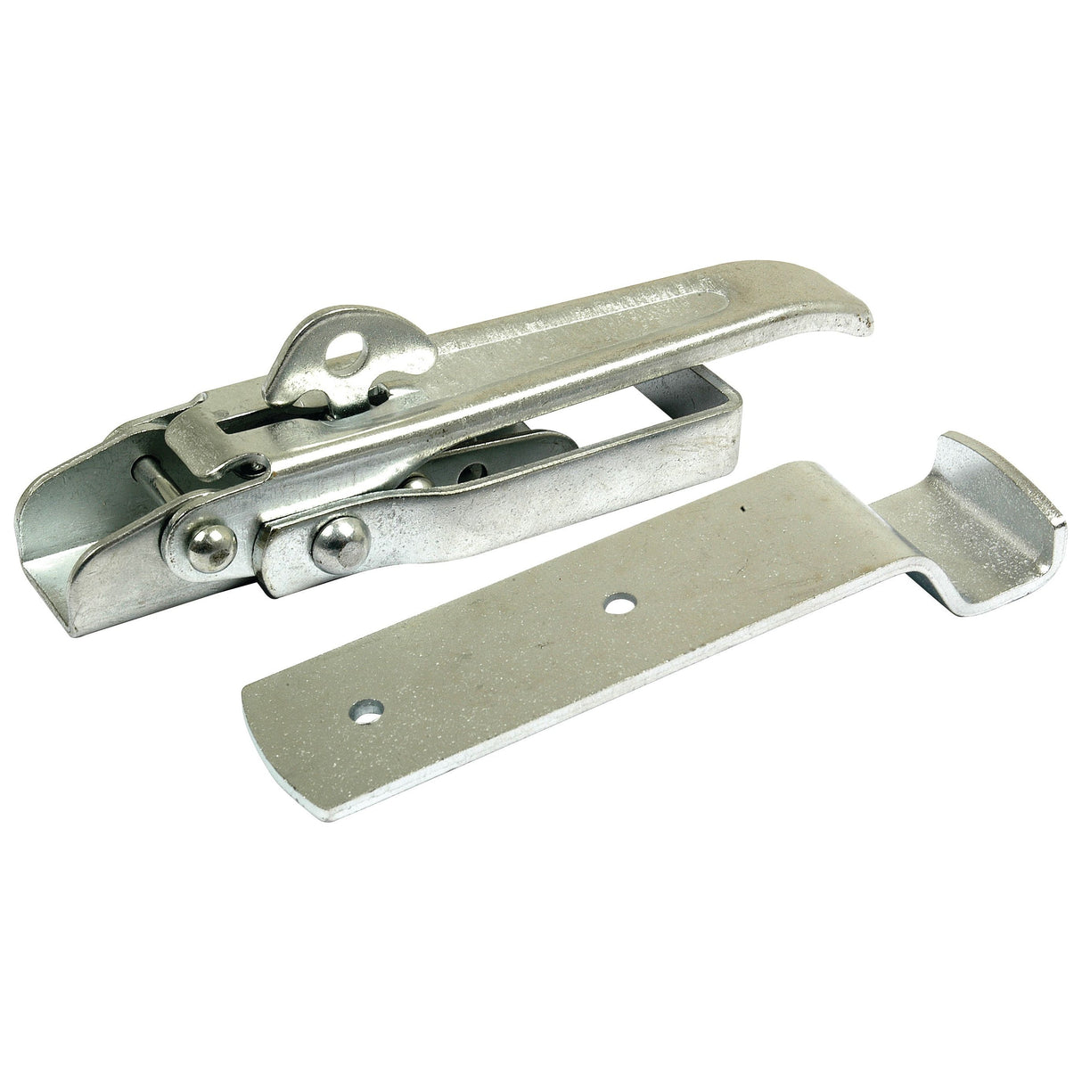 A metal toggle latch with a loop and a flat, rectangular base plate with two screw holes, perfect for secure applications like the Trailer Latch, 100 x 27mm Lockable from Sparex (Part No. S.10297).