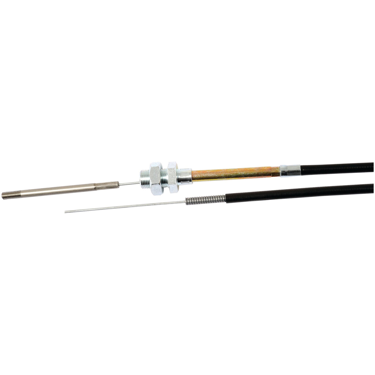 Two flexible steel push-pull cable assemblies with threaded ends and metal connectors on a white background. One cable, ideal for Case IH / International Harvester equipment, features a spring near the end. These Sparex Engine Stop Cables (Part No. S.103215) have a total length of 1546mm, with an outer cable length of 1379mm, ensuring reliable performance in agricultural machinery.