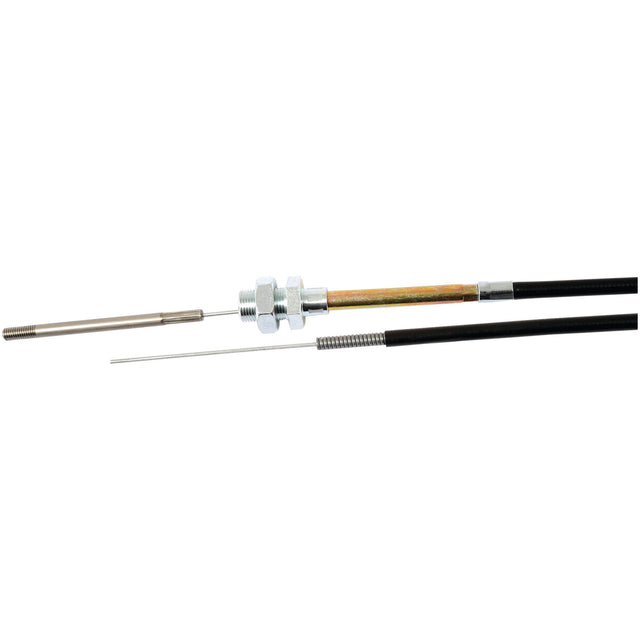 Two flexible steel push-pull cable assemblies with threaded ends and metal connectors on a white background. One cable, ideal for Case IH / International Harvester equipment, features a spring near the end. These Sparex Engine Stop Cables (Part No. S.103215) have a total length of 1546mm, with an outer cable length of 1379mm, ensuring reliable performance in agricultural machinery.