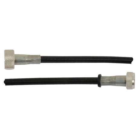 Two black and silver Sparex drive cables (Part No. S.103249) are horizontally aligned with textured metal ends and black rubber tubing in between. The top cable is intact, while the bottom cable has a segment detached. Each has a length of 2102mm with an outer cable length of 2093mm, making them perfect for use in Ford New Holland machinery or suitable as a drive cable for Fiat 1580 tractors.