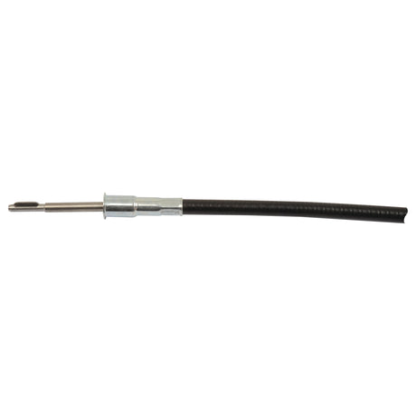 Close-up of a flexible black speedometer cable, also known as the Sparex Drive Cable S.103265, featuring a metal connector on one end. The cable has an overall length of 843mm and an outer cable length of 781mm.