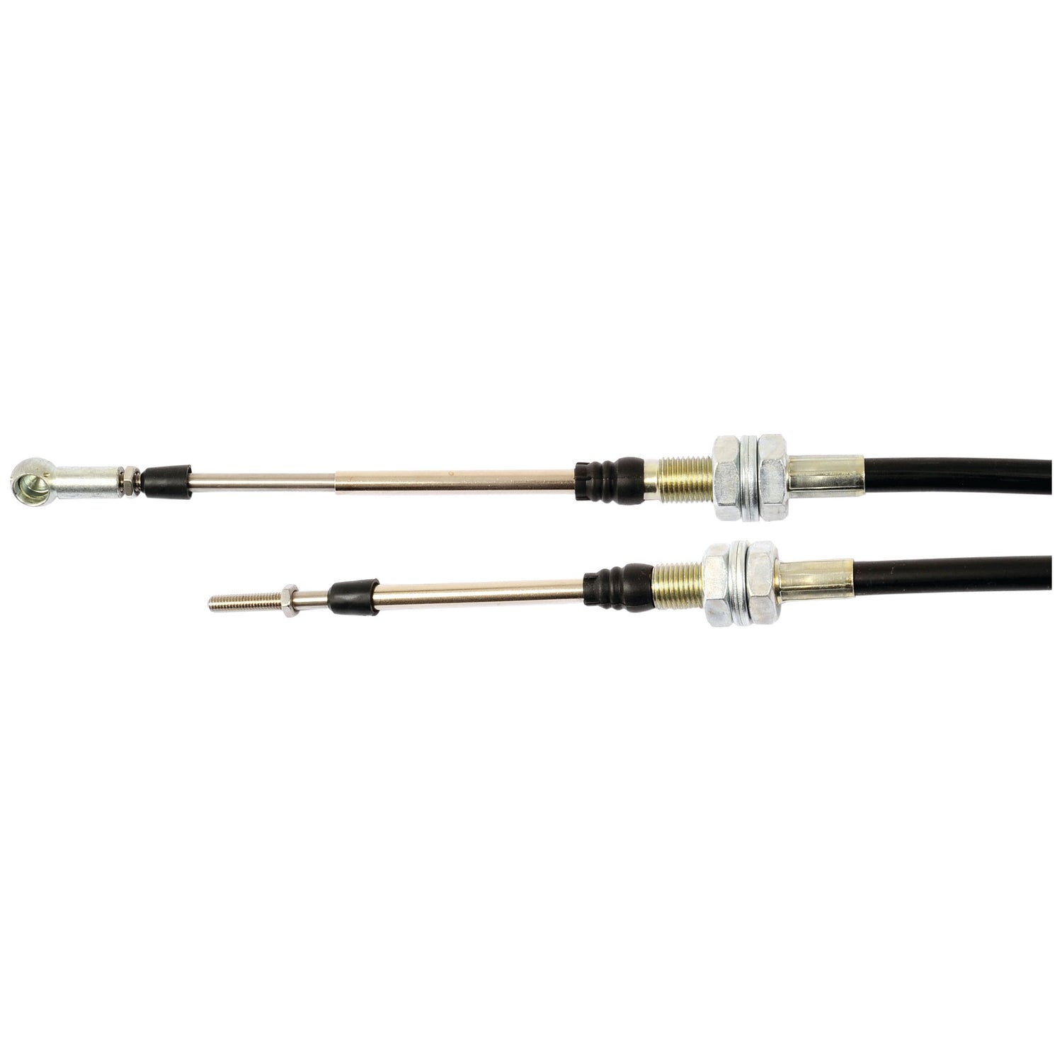 Displayed against a white background are two Hand Throttle Cables from the brand Sparex, specifically designed for Valmet & Valtra machinery. Each cable, featuring threaded metal ends and protective casings, measures 1120mm in length with an outer cable length of 848mm. These cables are available under Sparex Part No.S.103294.