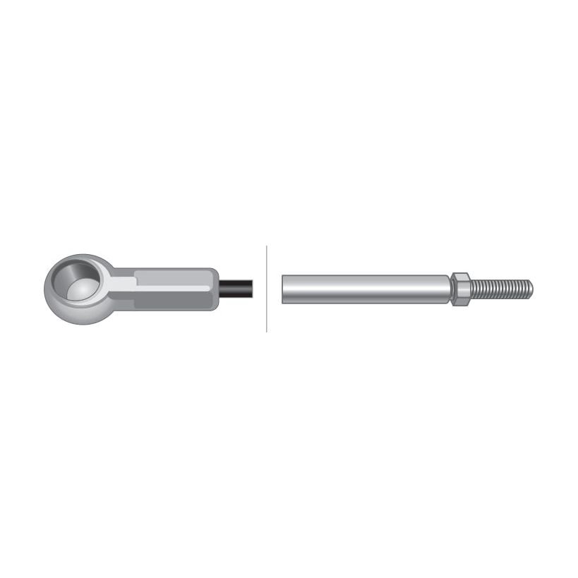 Illustration of a ball joint rod end with a threaded rod, separated into two parts, showing both components in detail. The design is similar to the Sparex Hand Throttle Cable (Sparex Part No. S.103294), commonly found in Valmet & Valtra models, which specifically features a length of 1120mm and an outer cable length of 848mm.