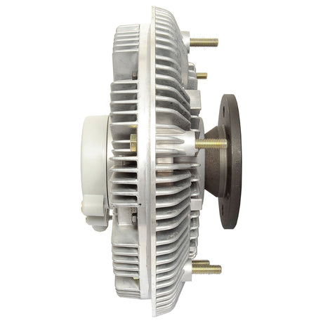 Side view of a metal engine cooling fan clutch with fins and bolt connectors, featuring the Sparex Viscous Fan Drive (Sparex Part No. S.104709) compatible with Massey Ferguson.