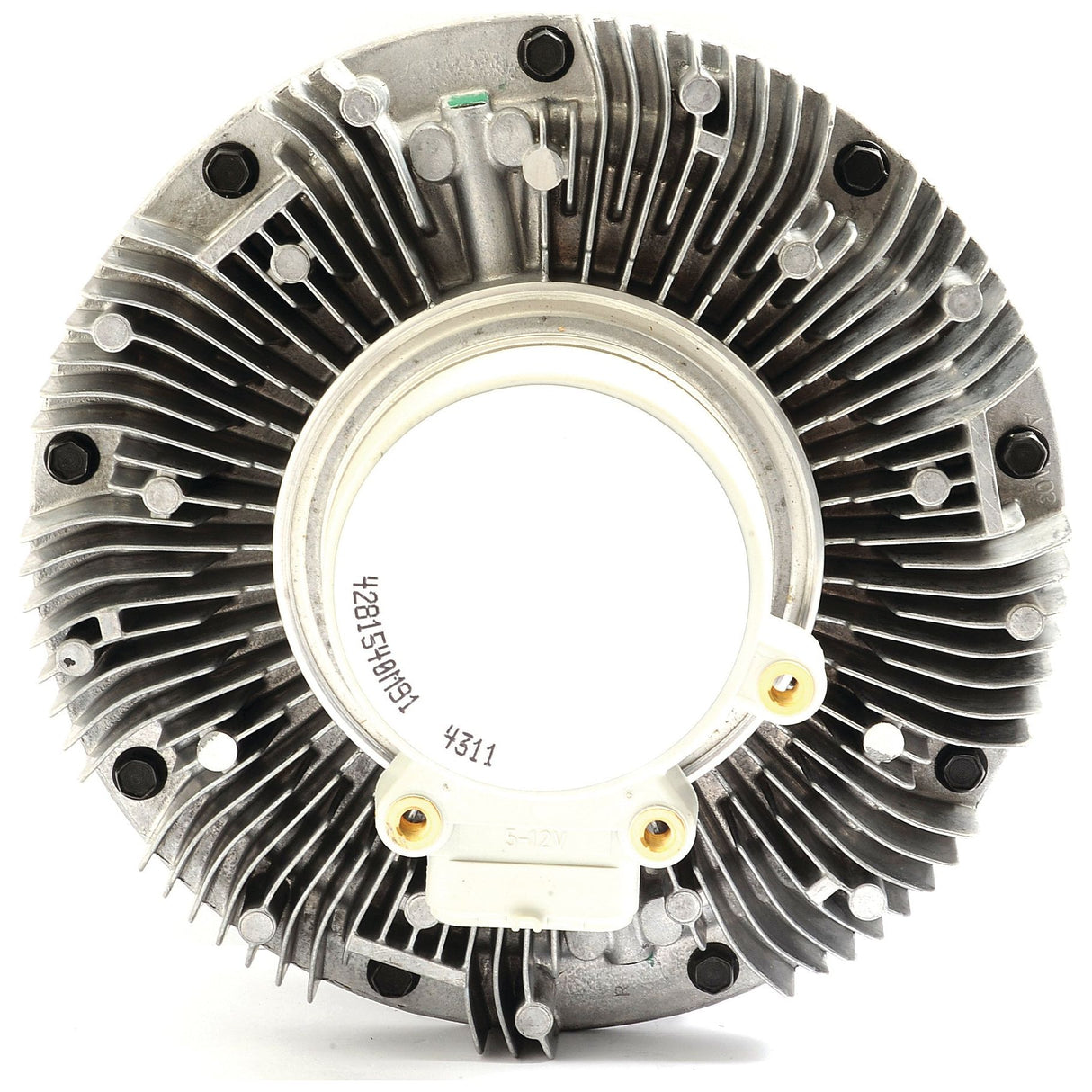 The Sparex Viscous Fan Drive (Sparex Part No. S.104713) is a circular, metallic mechanical component featuring multiple radial fins and various screws along the outer edge. Its center includes a white plastic piece marked with numbers. This fan drive is compatible with Massey Ferguson models and manufactured by Sparex for optimal performance.