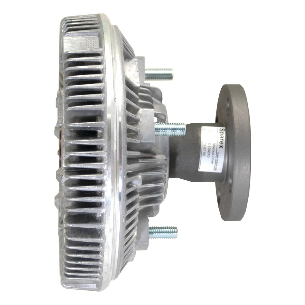 Side view of a mechanical component, potentially an automotive or industrial part, featuring visible bolts and metal fins—possibly a Sparex Viscous Fan Drive (Sparex Part No. S.104810) used in John Deere machinery.