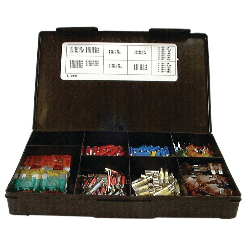 A black plastic organizer box with multiple compartments filled with assorted electrical connectors and fuses, detailed in the Assorted Fuses (Handipak 311 pcs.) by Sparex, Part No. S.10481.