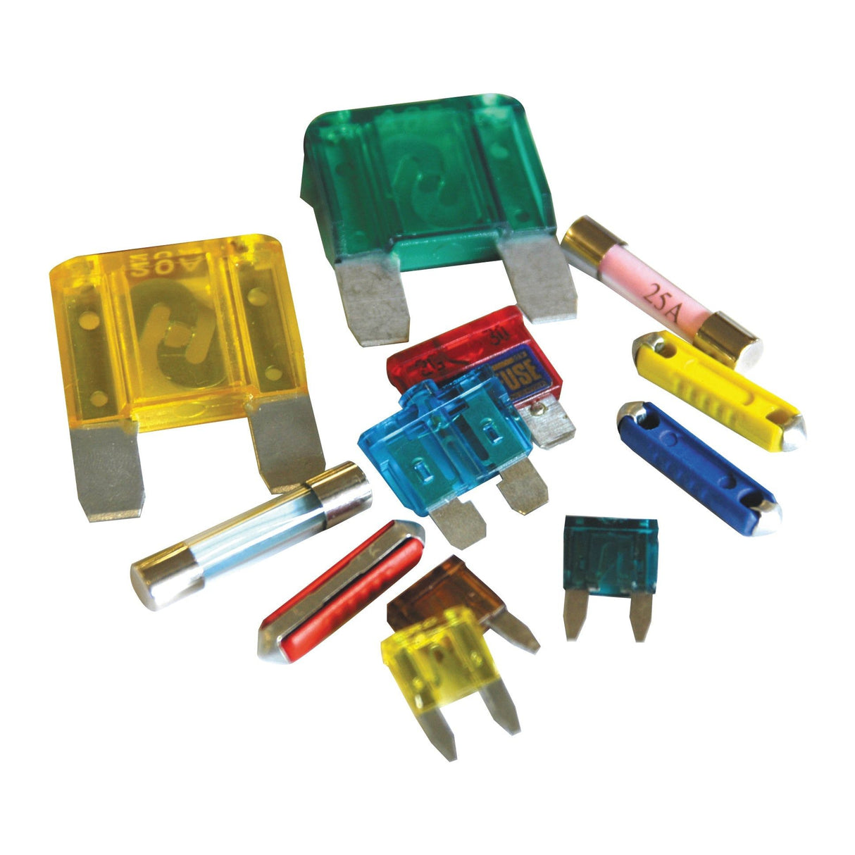 An assortment of Handipak 311 pcs. assorted fuses (Sparex Part No.S.10481) by Sparex in various sizes, shapes, and colors displayed on a white background.