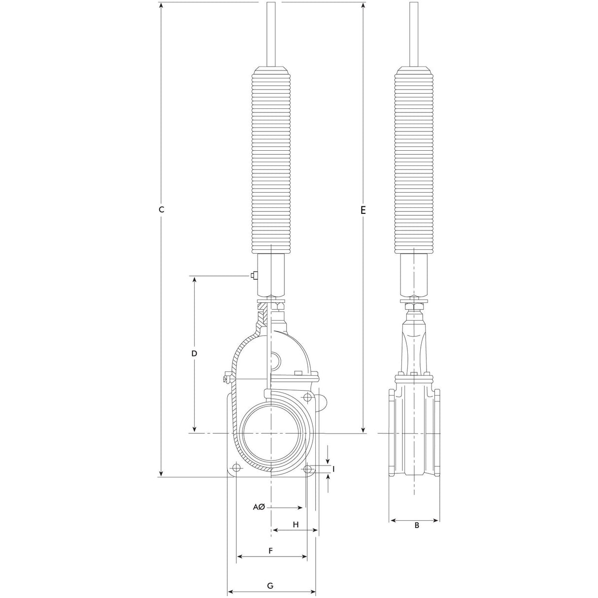 Technical drawing of a gate valve with oildynamic ram with spring, double flanged 6'' (S.104936) by Sparex, featuring detailed measurements for length, width, and other dimensions. The diagram includes a front and side view with labeled parts and specifications, providing suitable information for manufacture.