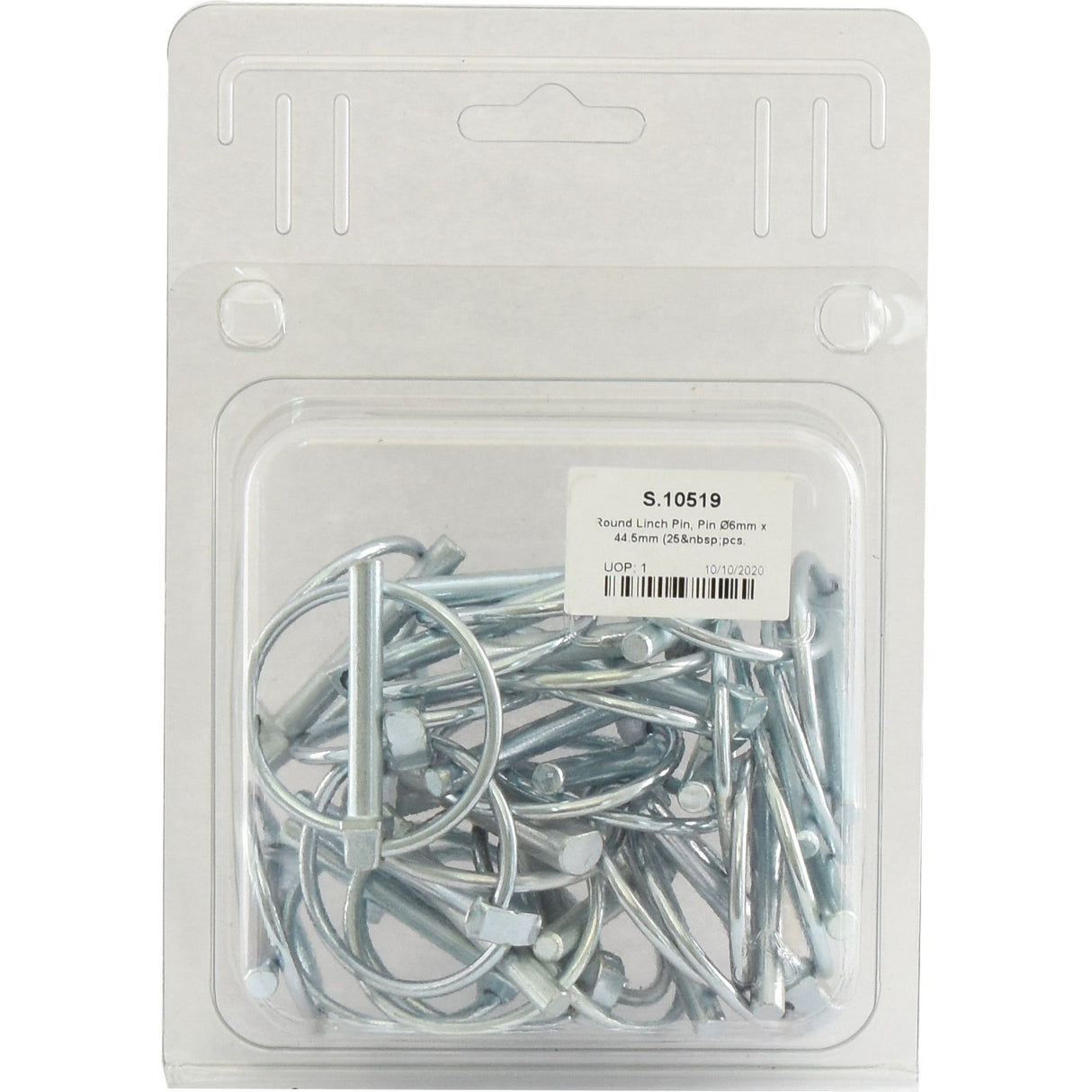 A Round Linch Pin package from Sparex (Pin Ø6mm x 44.5mm, 25 pcs., Agripak), Part No. S.10519, containing multiple metal lynch pins.