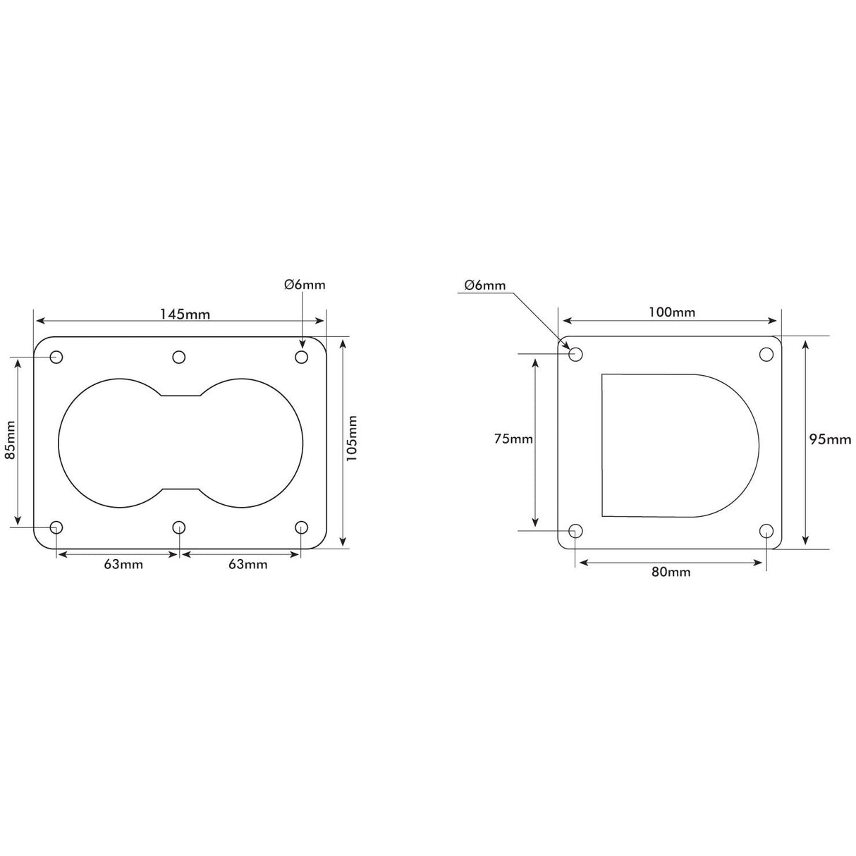 Technical drawing of two Sparex Tie Down Ring - Floor Mounted (Double) 145 x 105mm plates, including specific dimensions labeled in millimeters, along with detailed hole placements and cut-out shapes. The product is identified as Sparex Part No.S.10573.