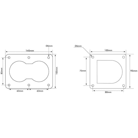 Technical drawing of two Sparex Tie Down Ring - Floor Mounted (Double) 145 x 105mm plates, including specific dimensions labeled in millimeters, along with detailed hole placements and cut-out shapes. The product is identified as Sparex Part No.S.10573.