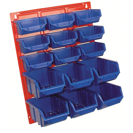 A Louvred Panel-500x500mm organizer by Sparex (Part No. S.10587) in red, featuring 18 blue plastic storage bins arranged in three vertical rows for organizing small items.