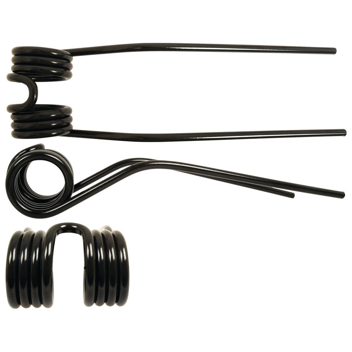 Three black metal torsion springs of varying shapes, identified as Tedder haytine and made by Sparex, are displayed on a white background.
