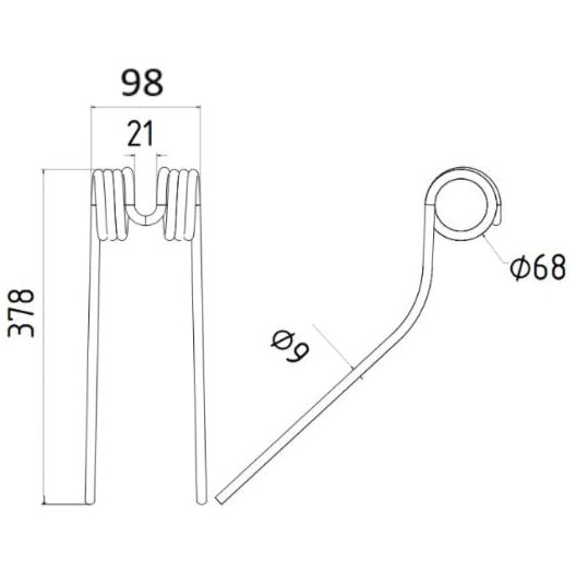 Technical drawing of a Tedder haytine with specified dimensions: 98 mm width, 378 mm length, Ø9.5mm wire diameter. Brand Sparex compliant with Deutz-Fahr 1662005786 specifications (Sparex Part No. S.106286).