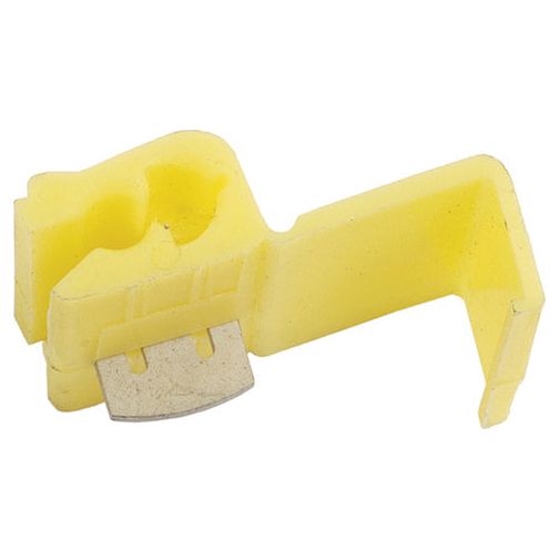 The Sparex Scotchlock Terminal, Standard Grip Yellow (Agripak 25 pcs.), part no. S.10664, is a yellow plastic hanger featuring a metal serrated edge and a standard grip hook designed for securely hanging picture frames.