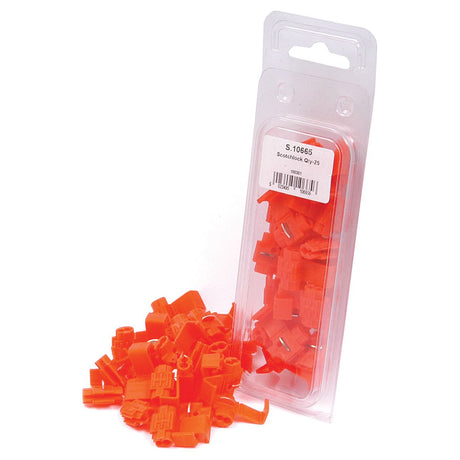 A transparent plastic pack containing multiple yellow electrical connectors is placed upright, with some connectors spilling out in front. The label reads "S.10665" and "Qty: 25". These Scotchlock Terminal, Standard Grip Yellow (Agripak 25 pcs.) from Sparex offer a secure grip for various wiring needs.