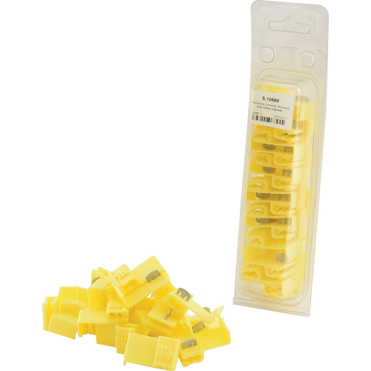 A pile of Scotchlock Terminal, Standard Grip Yellow (Agripak 25 pcs.) marked with the Sparex logo is next to clear plastic packaging containing several more connectors.