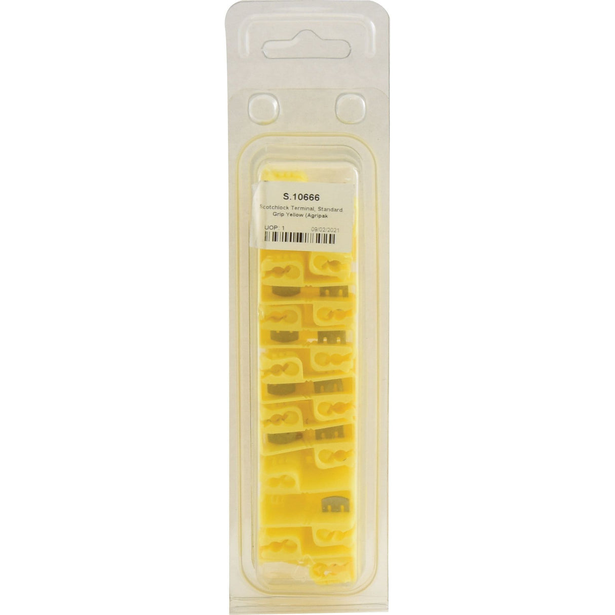 A blister pack containing 25 yellow plastic components labeled "Scotchlock Terminal, Standard Grip Yellow (Agripak)," also known as Sparex S.10666 Pre Insulated Terminals.