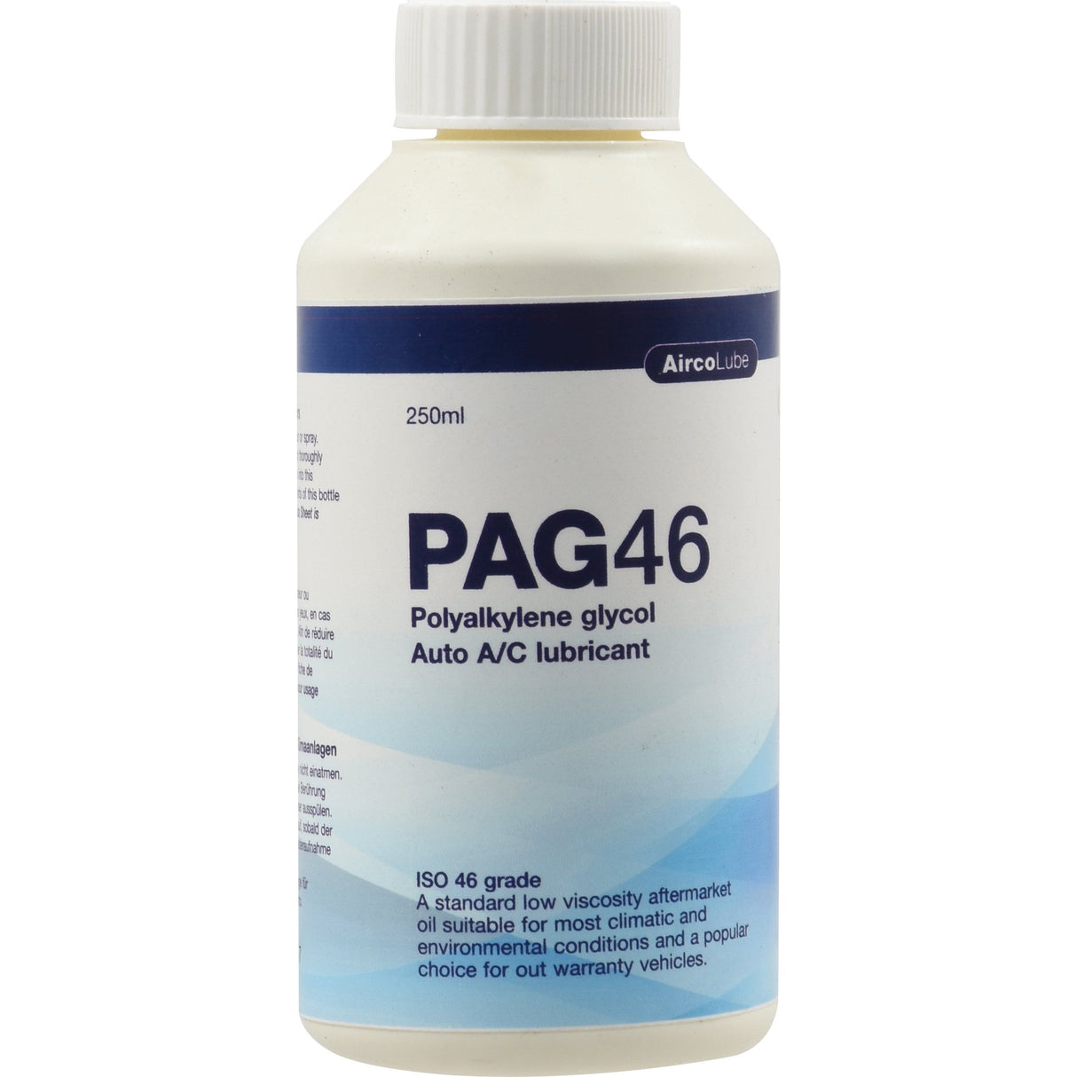 A 250ml bottle of Air Conditioning Oil (PAG 46) - S.106833 from Sparex, labeled as ISO 46 grade and perfect for the automotive aftermarket, designed to meet various climatic and environmental conditions.