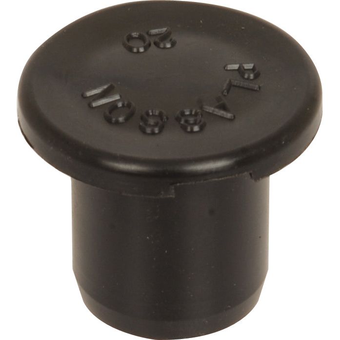 The Plug Adapter - 20mm by Sparex (Part No. S.106893) is a black plastic cap with embossed text on top, featuring a cylindrical shape and a slightly wider top flange, often used as a plug adapter.