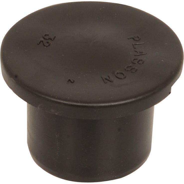 A black plastic cap with raised text "PLASSON" and "32" on its top surface, designed for a hose with an outer diameter of 32mm, known as the Plug Adapter - | Sparex Part No.S.106895 from the Sparex brand.