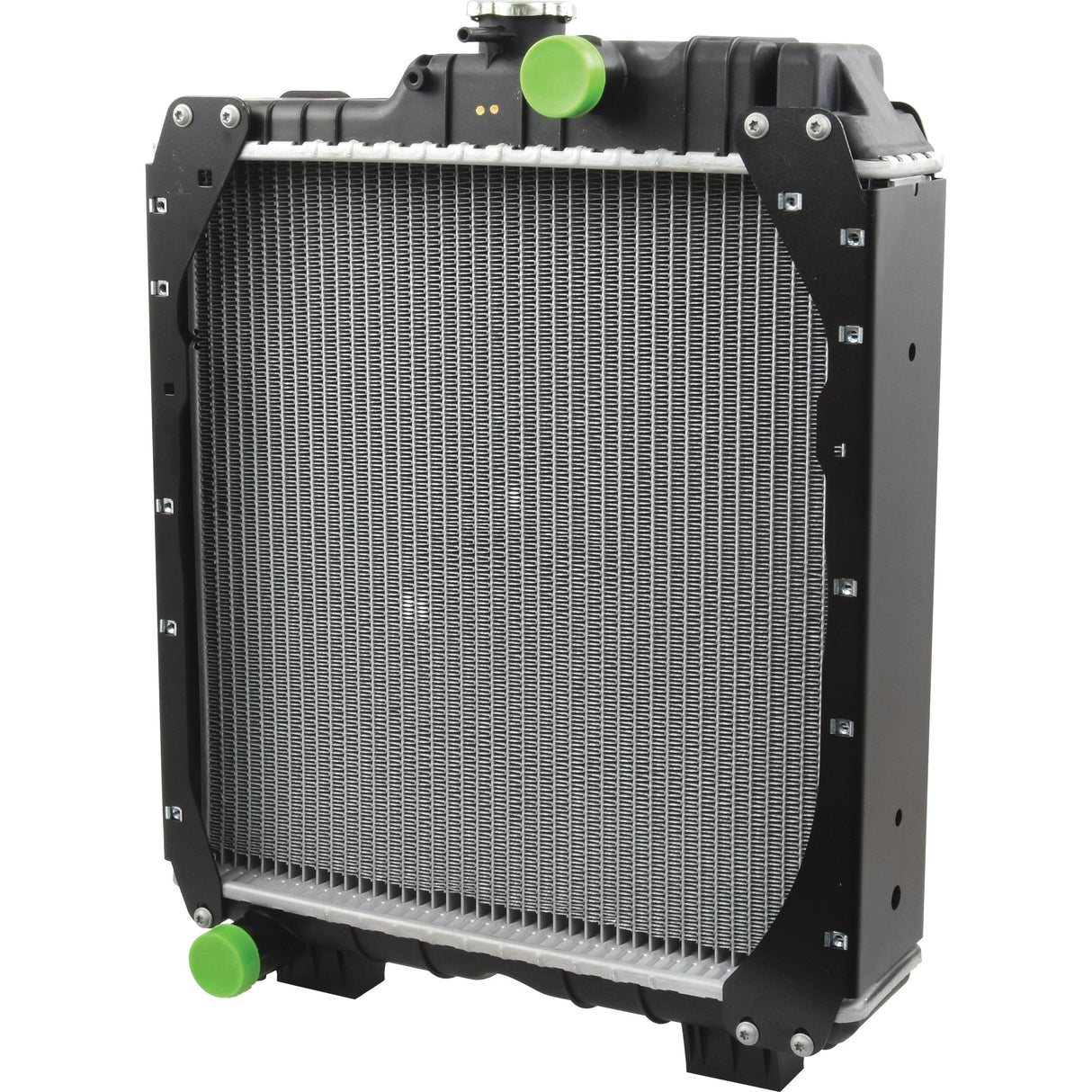 A black Radiator - S.107419 by Sparex, featuring visible fins and two green radiator caps, one at the top and one at the bottom.