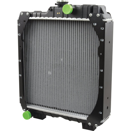 A black Radiator - S.107419 by Sparex, featuring visible fins and two green radiator caps, one at the top and one at the bottom.