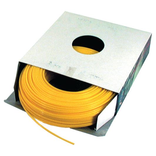 A partially opened cardboard box with a roll of yellow Strimmer Cord - Round, 3.0mm x 100M (Sparex Part No. S.10742) visible through the hole and the open flap.