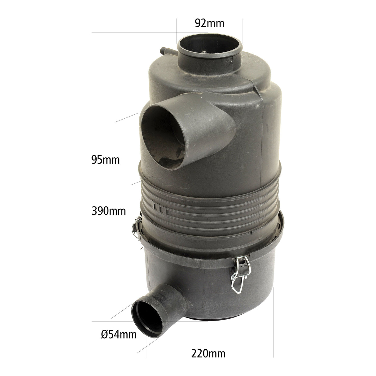 The Sparex Dry Filter Assembly - S.107549 is a black cylindrical plastic air filter with dimensions similar to the following: a 92mm top opening, a height of 95mm, an overall height of 390mm, a 54mm side opening, and a base width of 220mm. The design also includes two smaller side openings and features a Vacuator Port for enhanced efficiency.