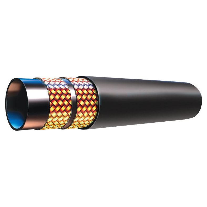 Cross-sectional view of a Parker Hydraulic Hose - 1'' 2SC 2 Wire Compact (Reel) | Sparex Part No. S.1080216, showing internal layers: an inner blue lining, a braided yellow and red layer, and an outer black sheath.