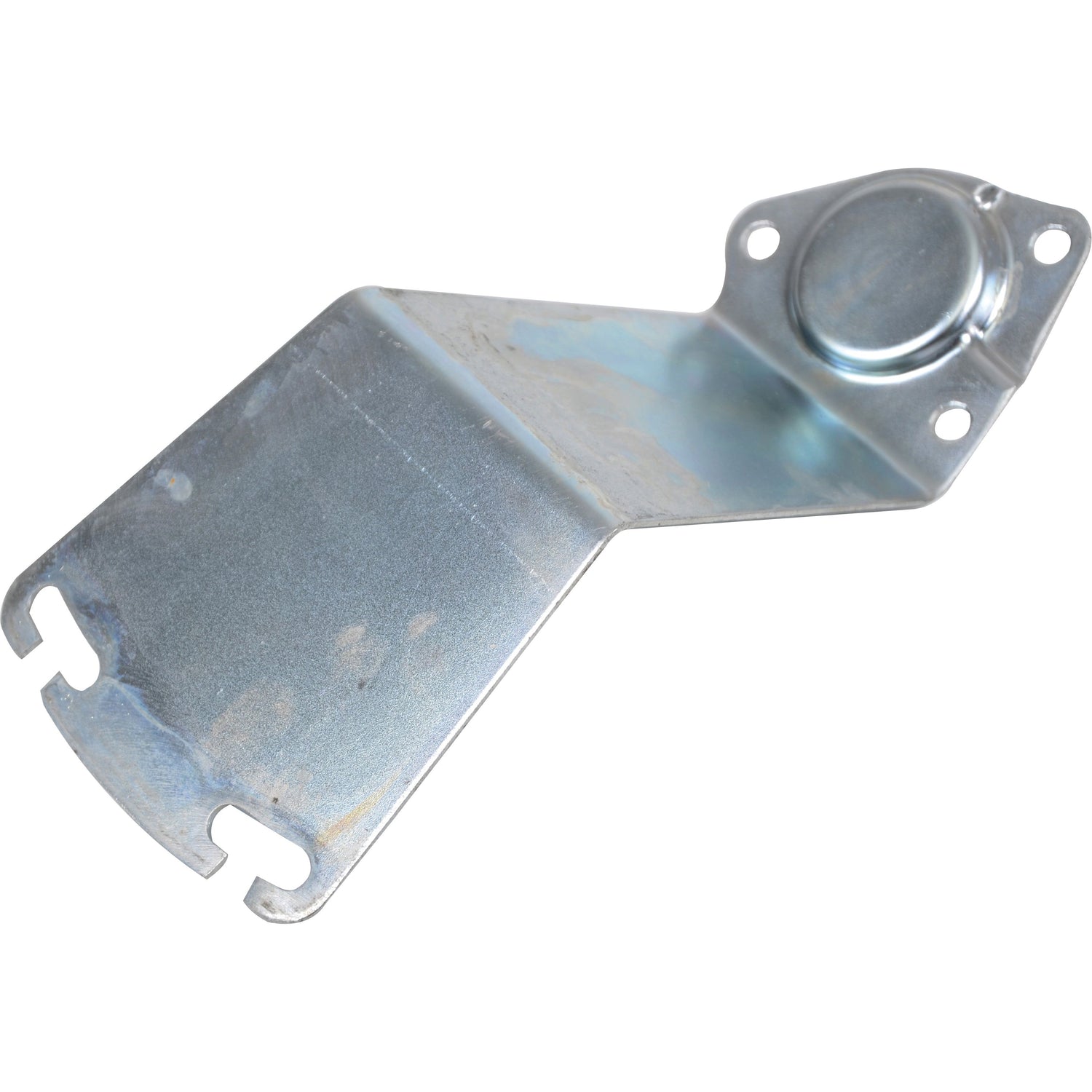 The Sparex U Bolt (Part No. S.10832) is a metallic bracket featuring a flat base, two mounting holes on one end, and a circular protrusion secured with four screws on the other end. It comes complete with nuts and washers for secure installation.