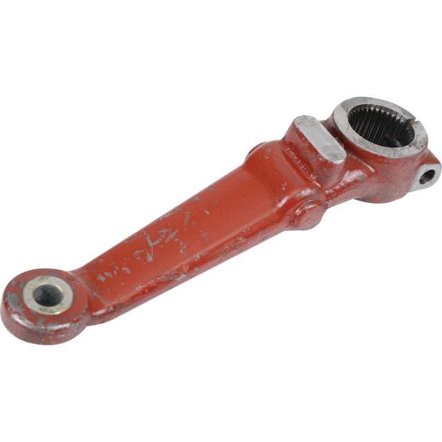 A used and worn red-painted metal mechanical lever arm with circular holes on each end matches perfectly with Sparex’s product specifications for the Hydraulic Lift Arm, part number S.108401.