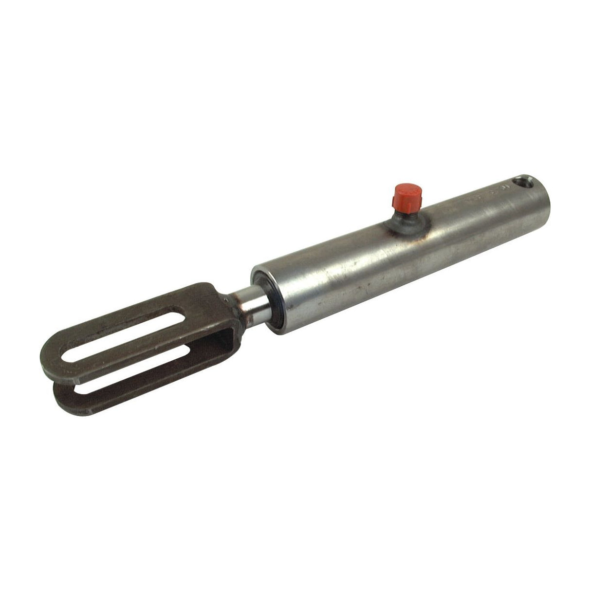 The Sparex Displacement Cylinder - 20mm (Part No. S.10884) features a metal tool with a cylindrical handle and a dual-pronged fork attachment at one end, including a red button on the handle. Its slotted jaw design ensures precision, enhancing functionality.
