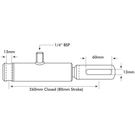 Technical drawing of the Sparex Displacement Cylinder - 20mm (Sparex Part No. S.10884) with dimensions labeled in millimeters, showing length, diameter, and stroke measurements. This cylindrical mechanical component includes detailed specifications such as maximum working pressure for precision engineering.