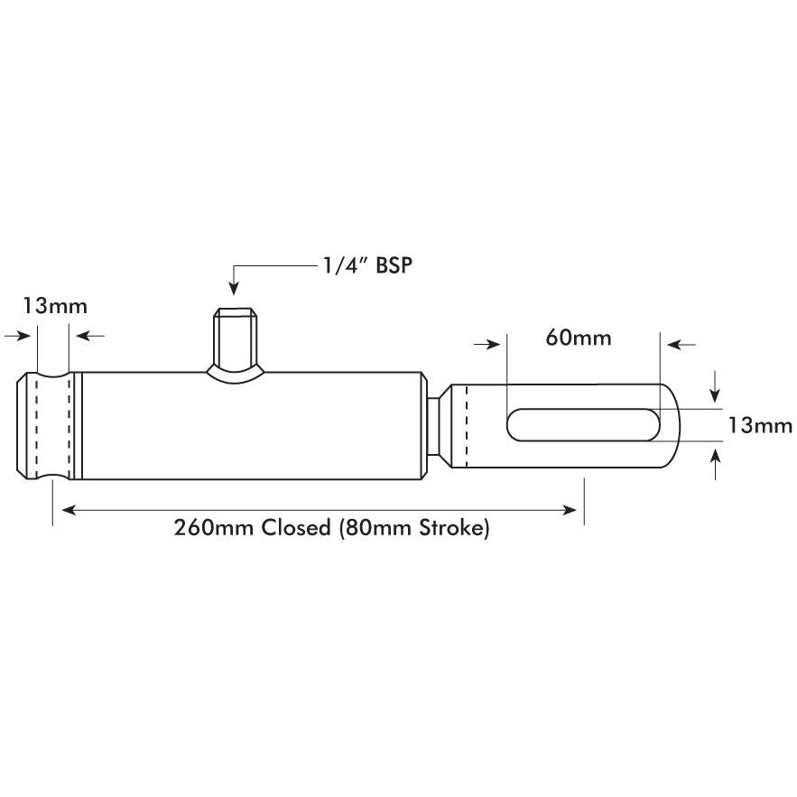 Technical drawing of the Sparex Displacement Cylinder - 20mm (Sparex Part No. S.10884) with dimensions labeled in millimeters, showing length, diameter, and stroke measurements. This cylindrical mechanical component includes detailed specifications such as maximum working pressure for precision engineering.