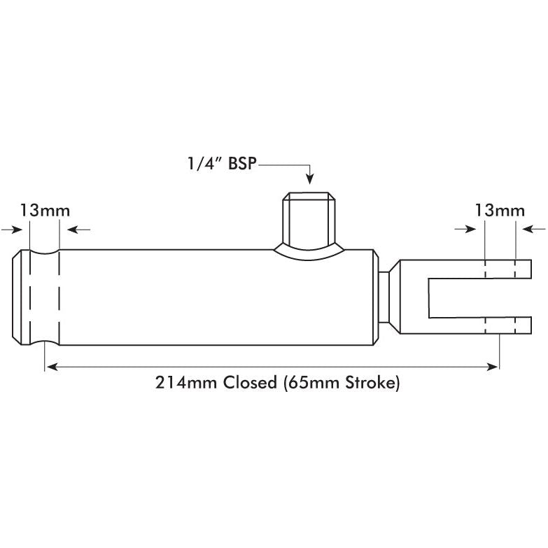 Technical drawing of the Displacement Cylinder - 25mm (Sparex Part No. S.10885) by Sparex, showing dimensions: 214mm closed length, 65mm stroke, 13mm rod ends, and a 1/4" BSP port.