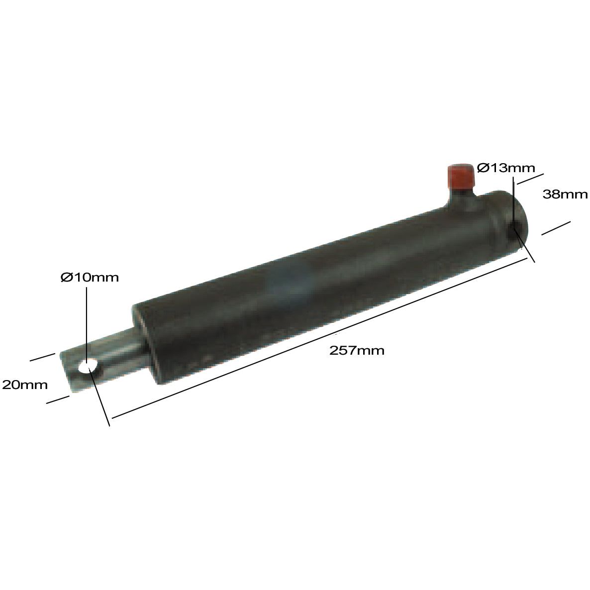The BRAKE-RAM SINGLE ACTING (Sparex Part No. S.10887) by Sparex is a cylindrical metal rod with specified dimensions, including a length of 257mm, end widths of 20mm and 38mm, and hole diameters of 10mm and 13mm. This single cylinder rod is also designed to withstand pressures up to 150 bar.