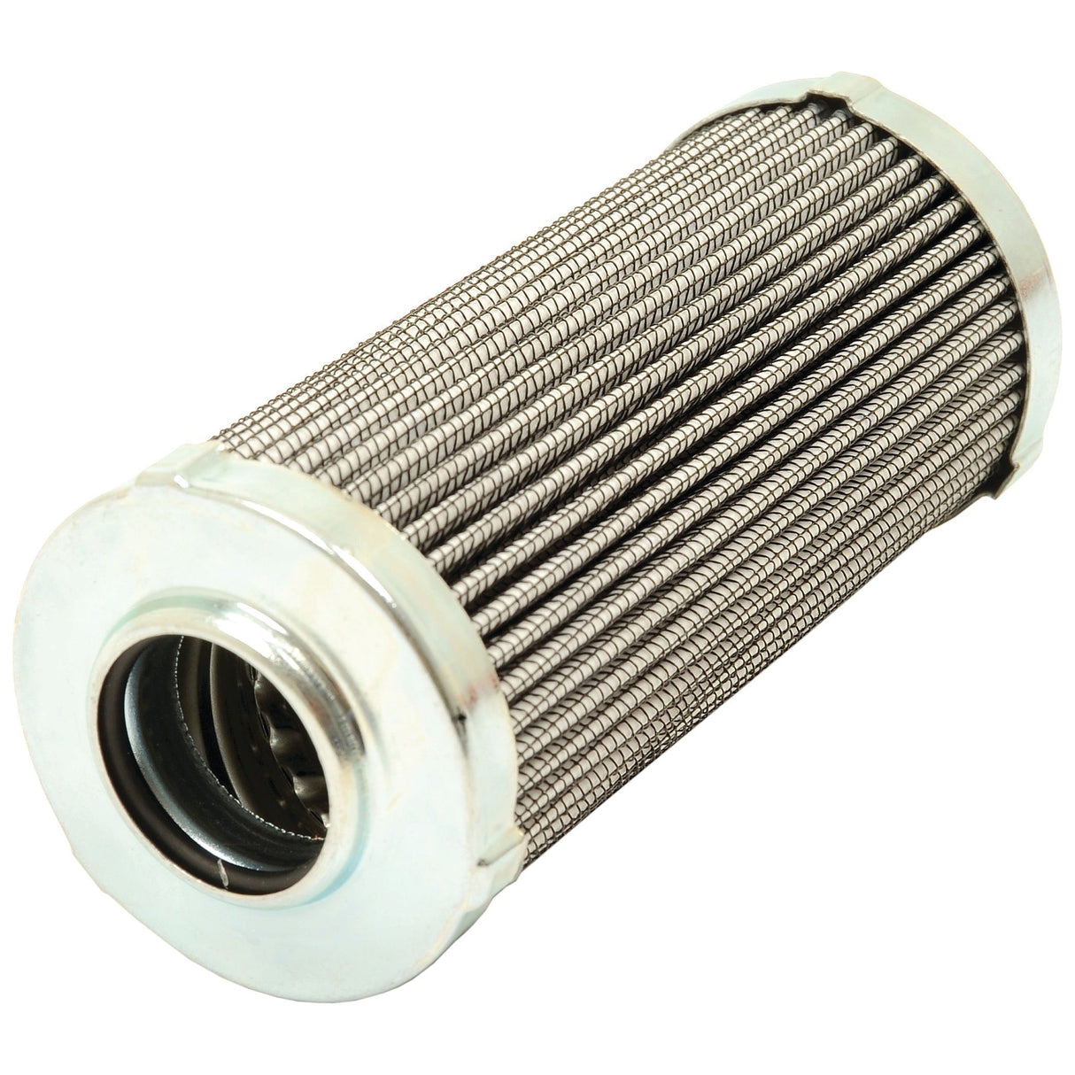 The Sparex Hydraulic Filter - Element - HF28808 (Sparex Part No. S.109196) is a cylindrical metal filter featuring a mesh exterior and circular end caps, designed for use as a hydraulic filter for fluids or gases, and is compatible with Case IH tractors.