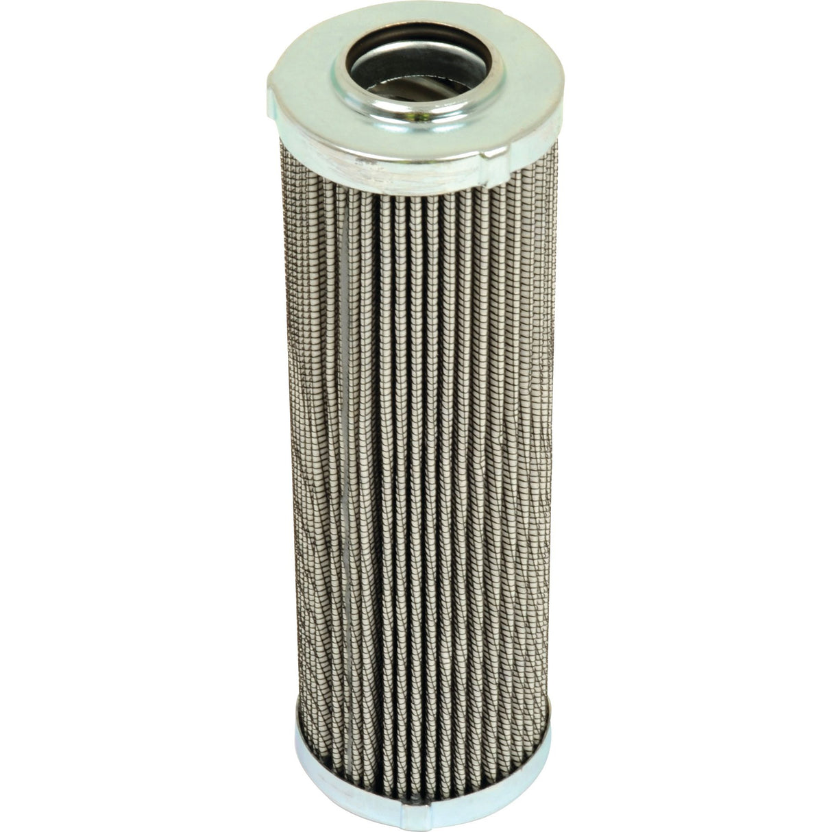 The Sparex Hydraulic Filter - Element (HF28811) features a clean, silver finish and a central circular opening at the top. This cylindrical metal mesh filter is compatible with Claas ARES tractors and serves as a Fleetguard alternative, ensuring optimal performance and durability.
