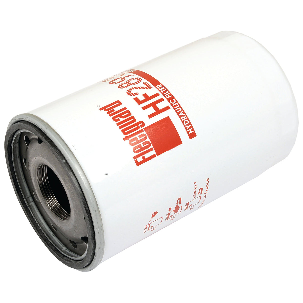 A Sparex Hydraulic Filter - Spin On - HF28935 (Sparex Part No.S.109216), cylindrical and white with red text, is shown against a plain background. This high-quality filter is suitable for use in machinery like the Deutz-Fahr AGROTRON or Lamborghini FORMULA, ensuring optimal performance and longevity.